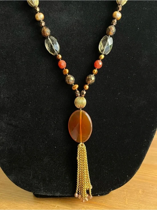 Talbots beaded statement necklace mix of brown, orange, and gold-toned glass - Picture 6 of 9